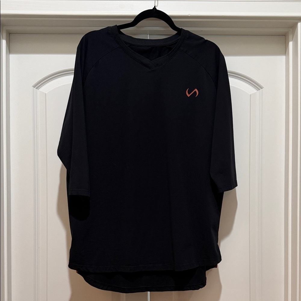 Black V-Neck Top with Red Logo